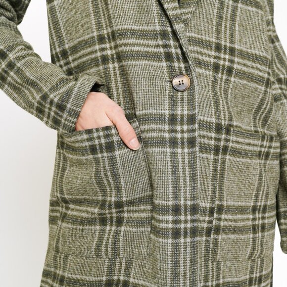 MYSTREE Plaid Longline Coat, Olive Green Grey Check Blazer Jacket, Classic - Picture 6 of 6
